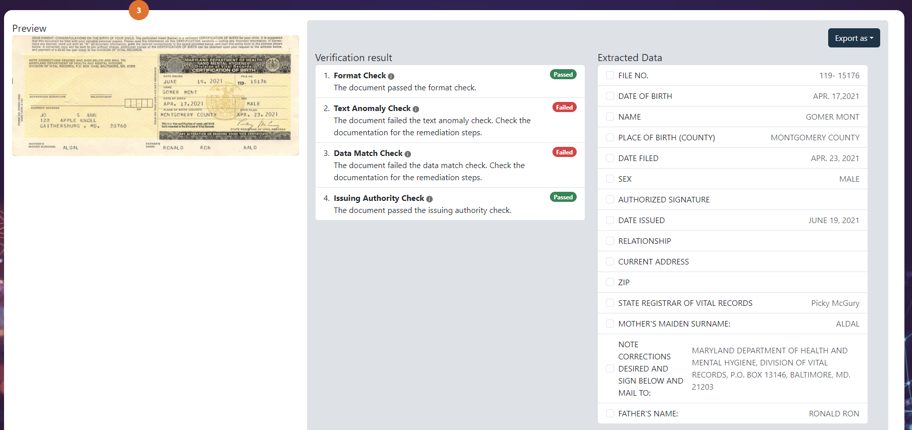 Displaying extracted data and verification checks from an uploaded birth certificate.