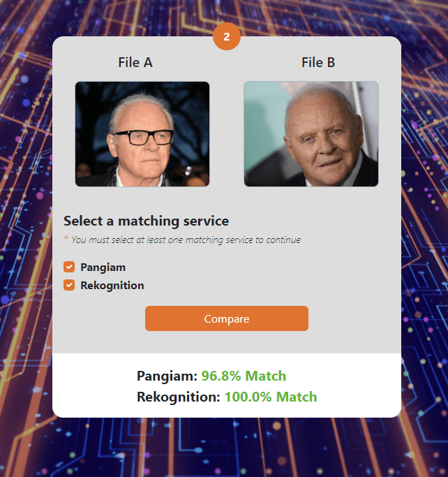 Using AWS’s Reckognition and Pangiam’s matching services to compare images.