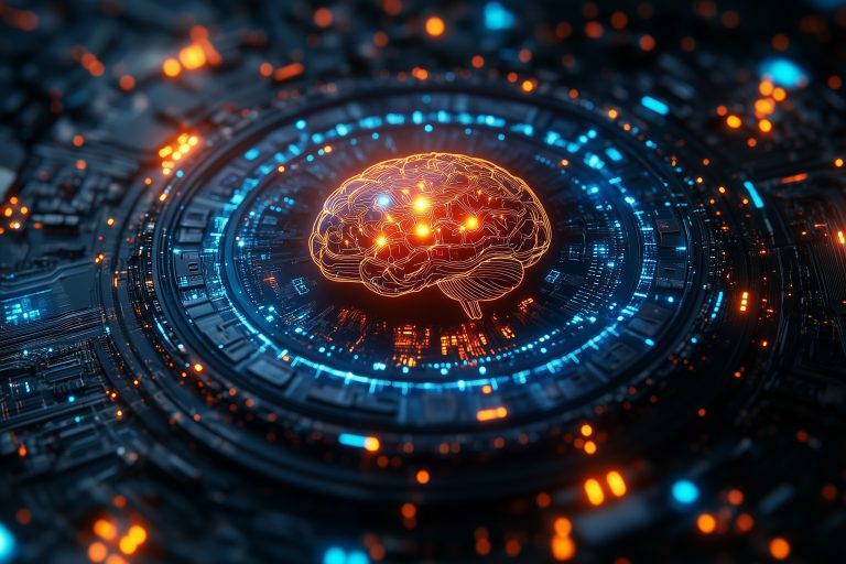 Ai,Brain,Motif,,Centered,On,A,Circular,Platform,In,Blue